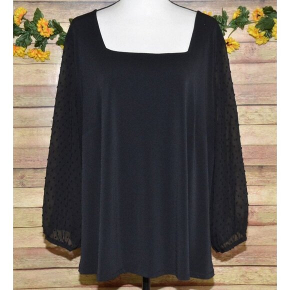 Adrianna Papell Black Swiss Dot Sheer Sleeve Blouse Top Plus Size 3X Square Neck - Picture 1 of 8